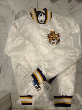 STARTER White Satin LSU Tiger Patch Varsity Jacket